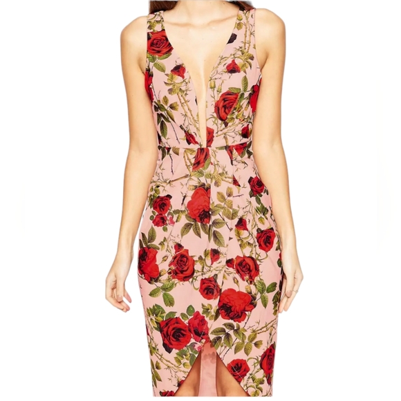 Nwot Ginger Fizz Sleeveless Plunging V Peach/Red Roses Asymmetrical Midi… - Picture 11 of 17